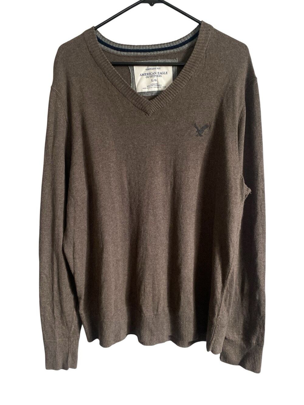 American Eagle Mens Sweater Large Brown Cotton Long Sleeve V Neck Knit Pull Over
